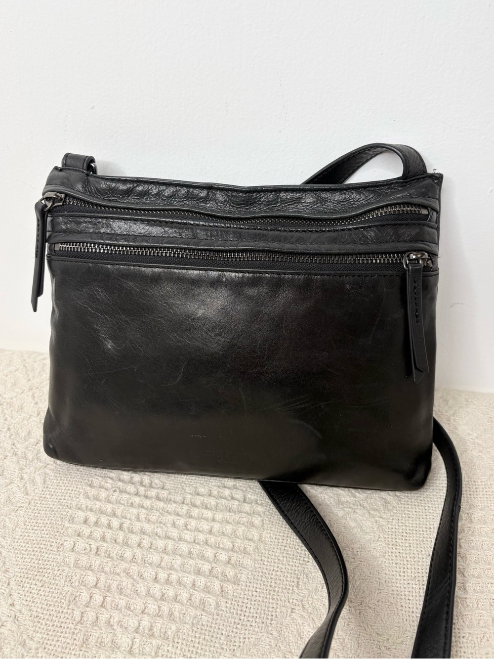 Margot Black Leather Crossbody Bag Slim East West Hippie Body Bag